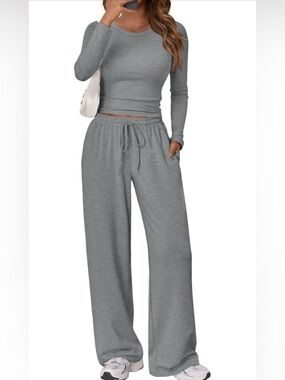 EKOUAER Woman’s Gray Wide-Leg Lounge Pant Drawstring Waist Long Sleeve Set Small